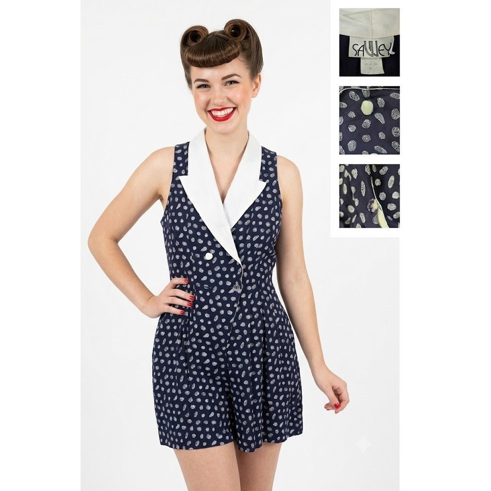 Vintage Sanjey Romper Womens M Seashell Navy Nautical Skort Jumper USA Made 90s